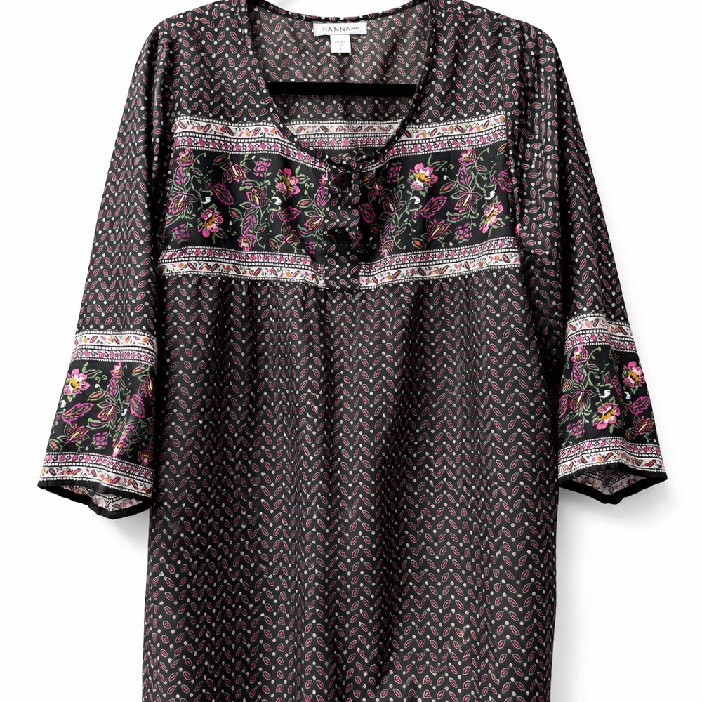 Hannah Boho Floral Paisley Blouse L Black Pink 3/4 Sleeve Top - Picture 1 of 9